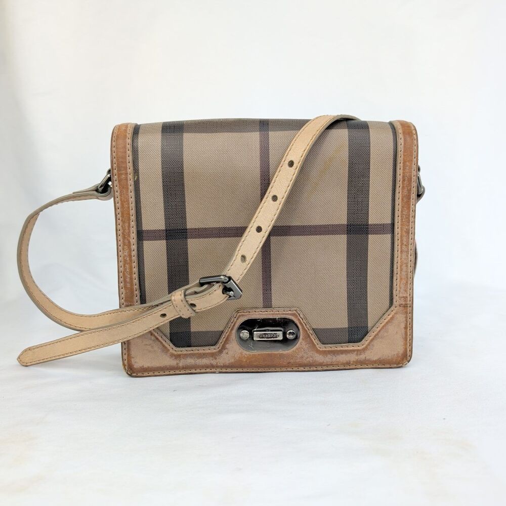 Burberry Y2K Crossbody Bag Nova Check Plaid Coated Canvas Leather Trim Messenger